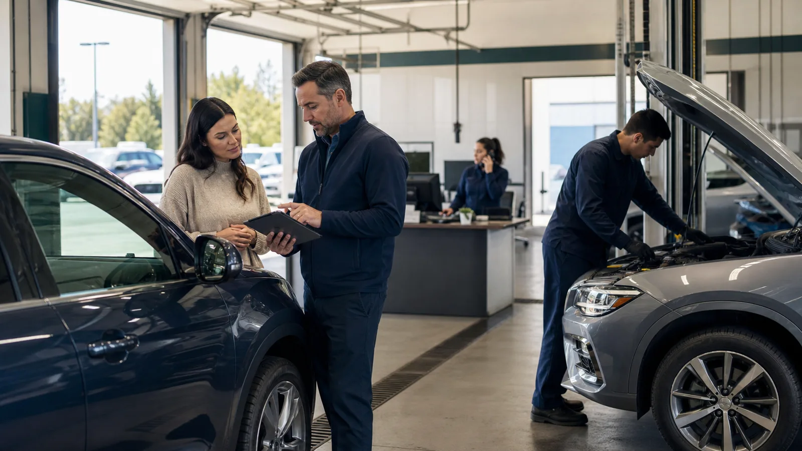 Service adviser helping a vehicle owner while a technician works in the service lane