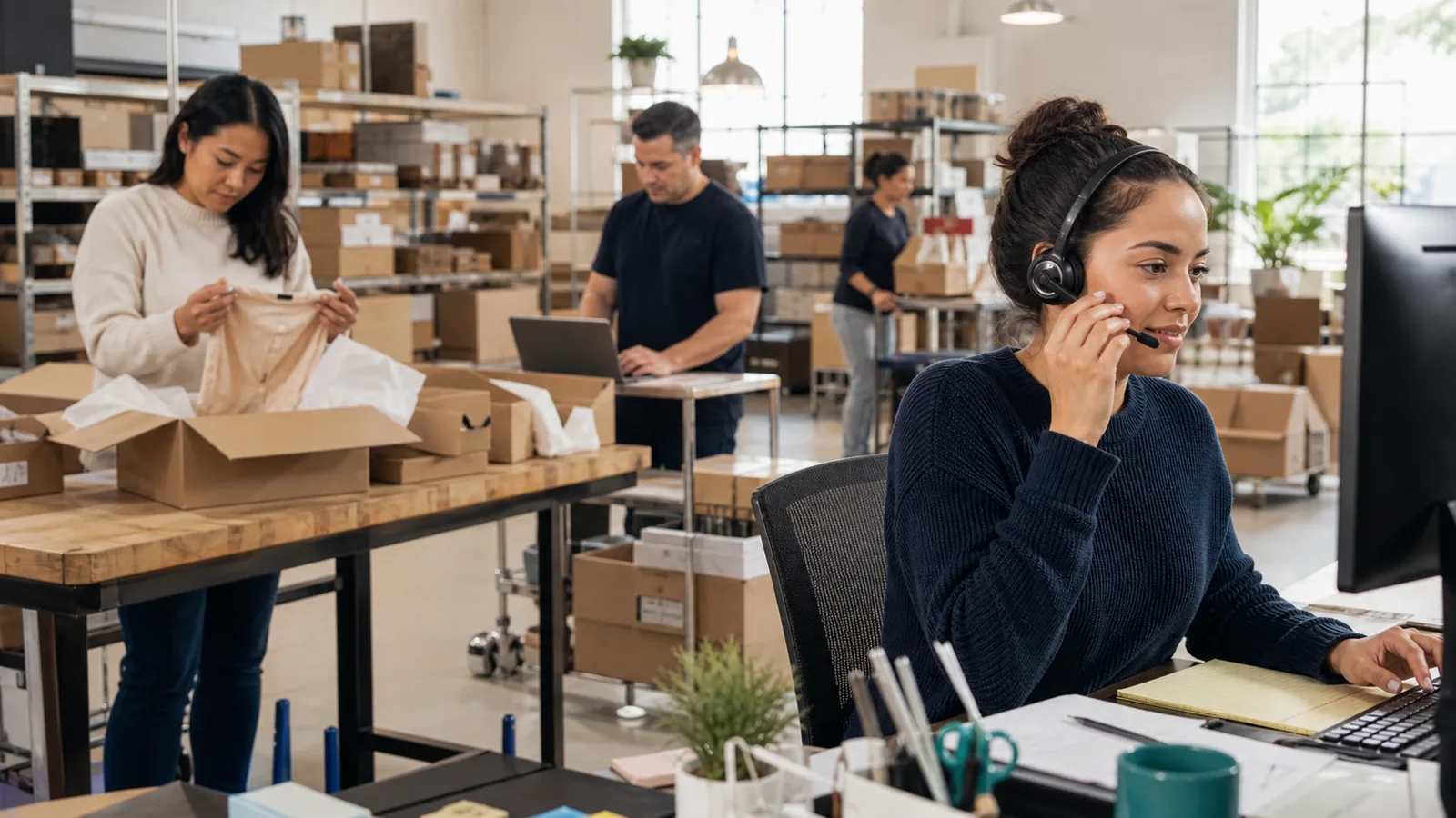 Customer support specialist coordinating with people handling ecommerce fulfillment and returns
