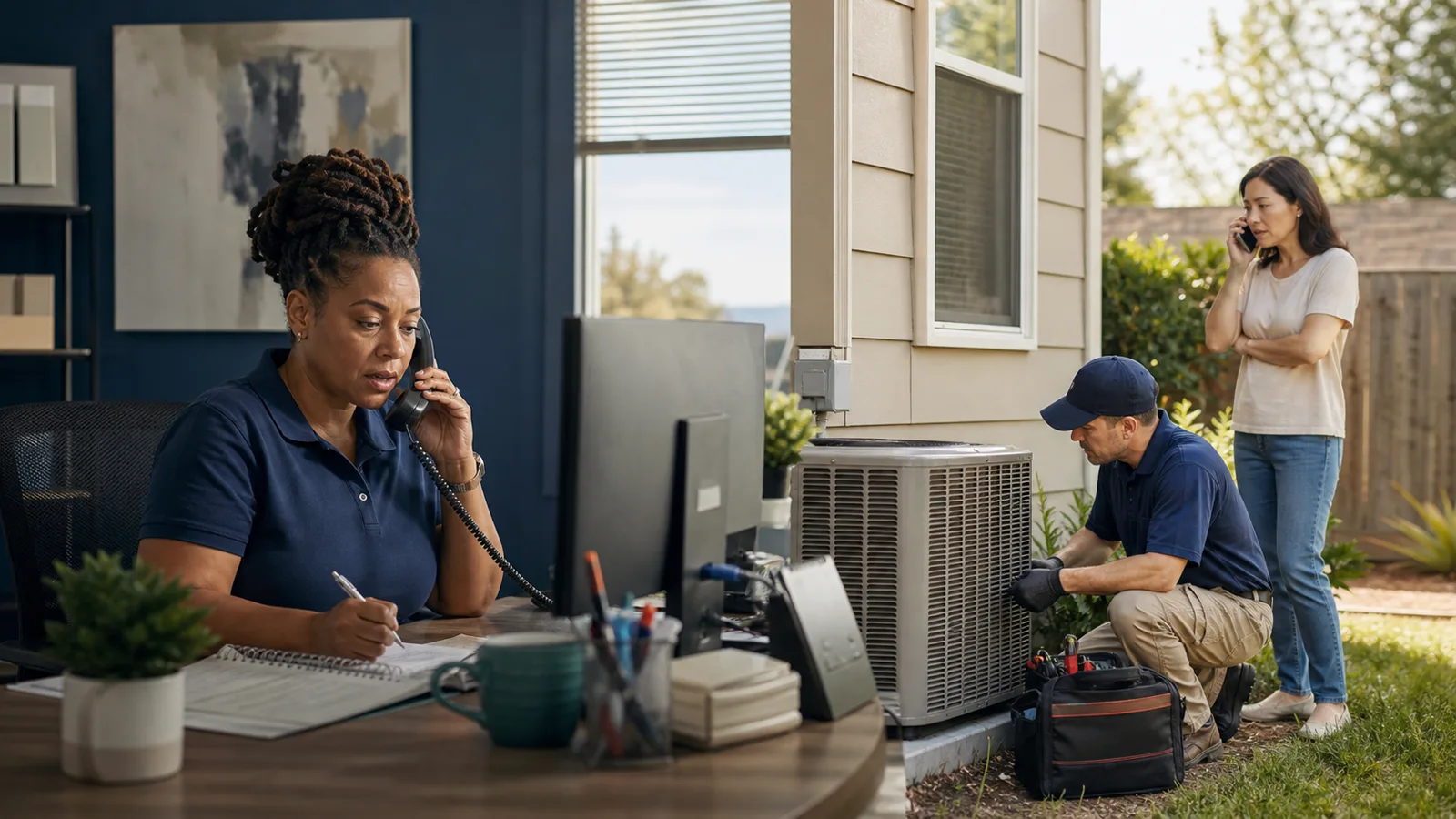 Dispatcher, HVAC technician, and homeowner participating in a coordinated service workflow