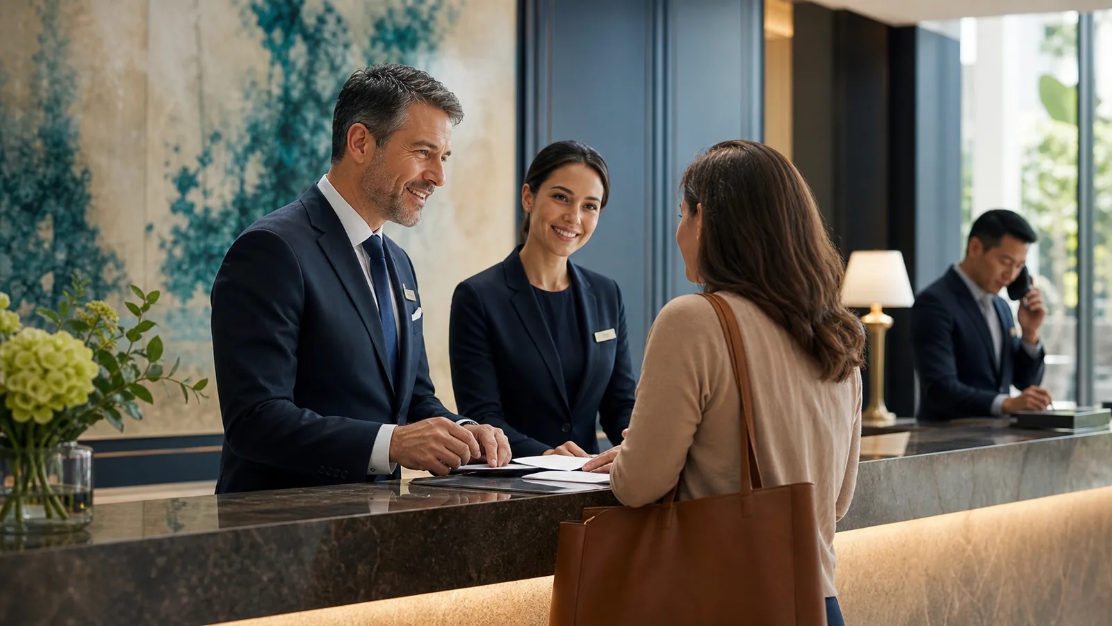 Hotel staff coordinating a guest request