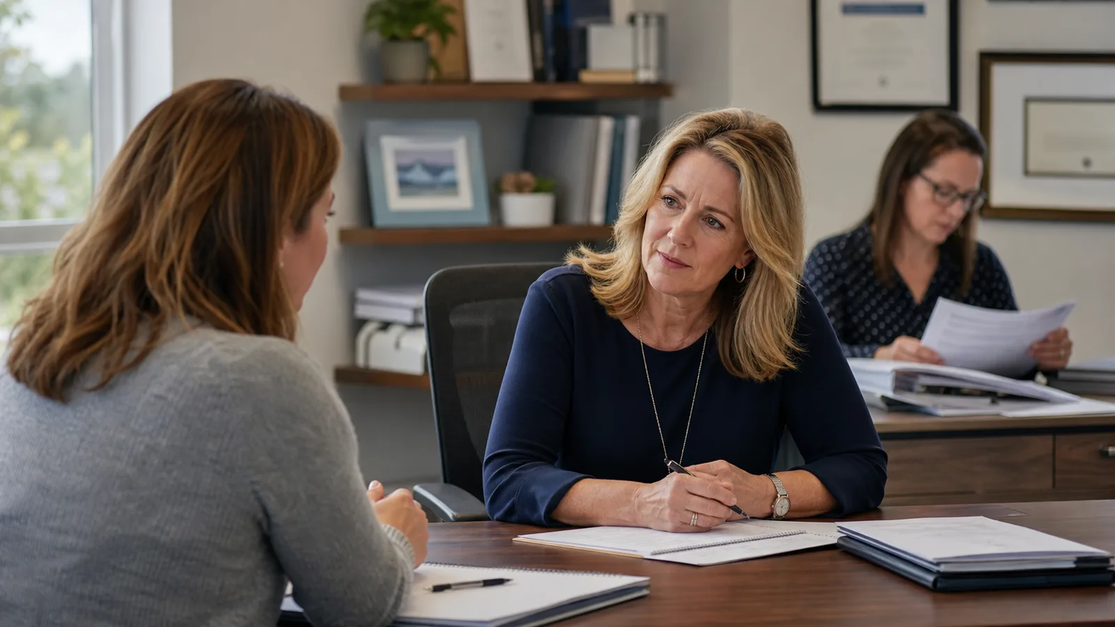 Insurance agent listening to a customer while a service colleague reviews the case