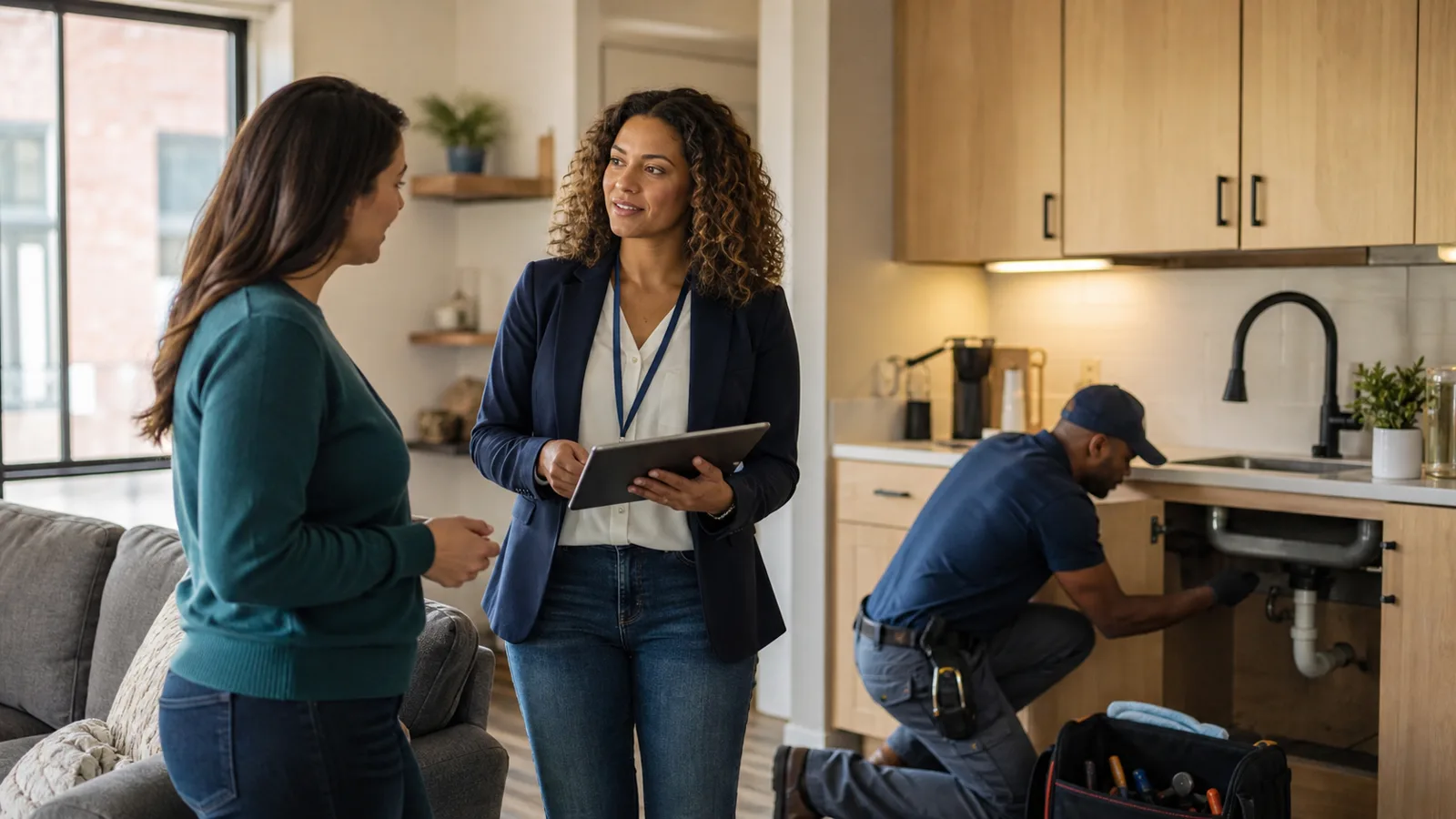 Property manager, resident, and maintenance technician coordinating a repair