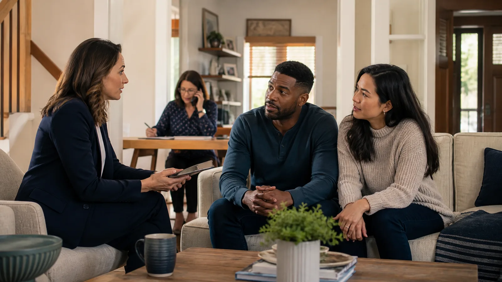 Real-estate agent advising prospective buyers while a coordinator handles follow-up
